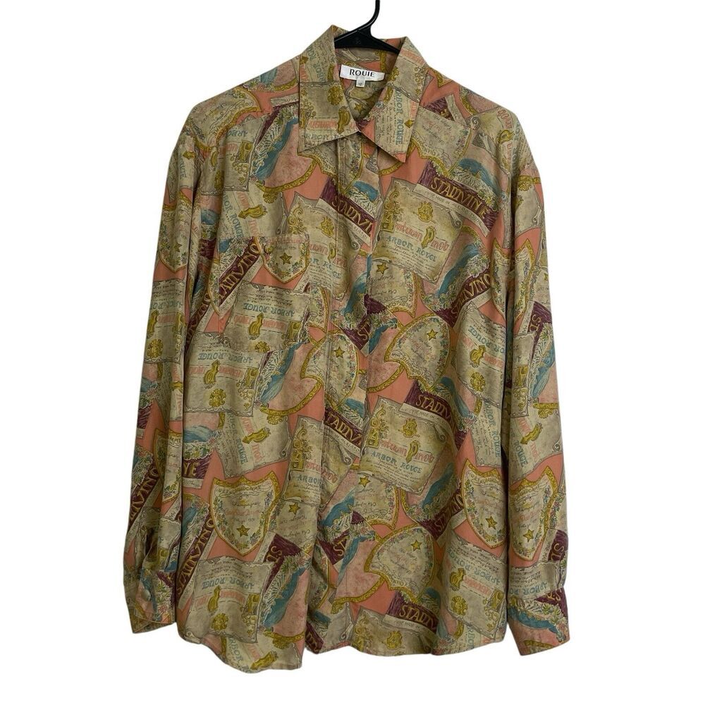 Rouie Women's Silk Blouse Size 12 Button Up Shirt Top Multi Vino Wine Print